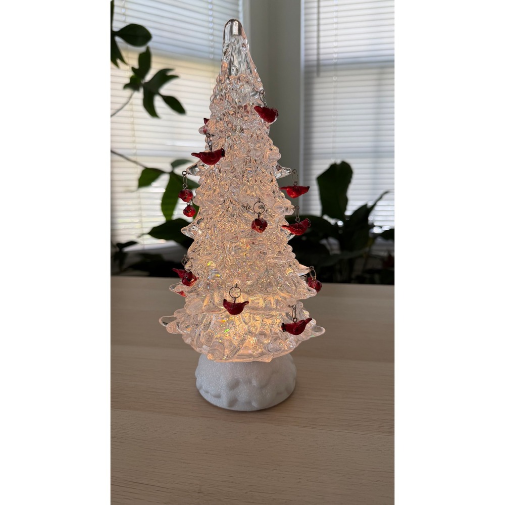 Light Up Acrylic 12" Christmas Tree with Red Cardinal Ornaments Timer